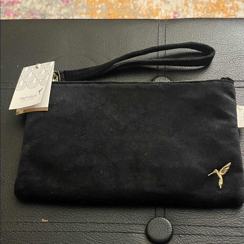 Papyrus Black Velvet Wristlet with Gold Bird